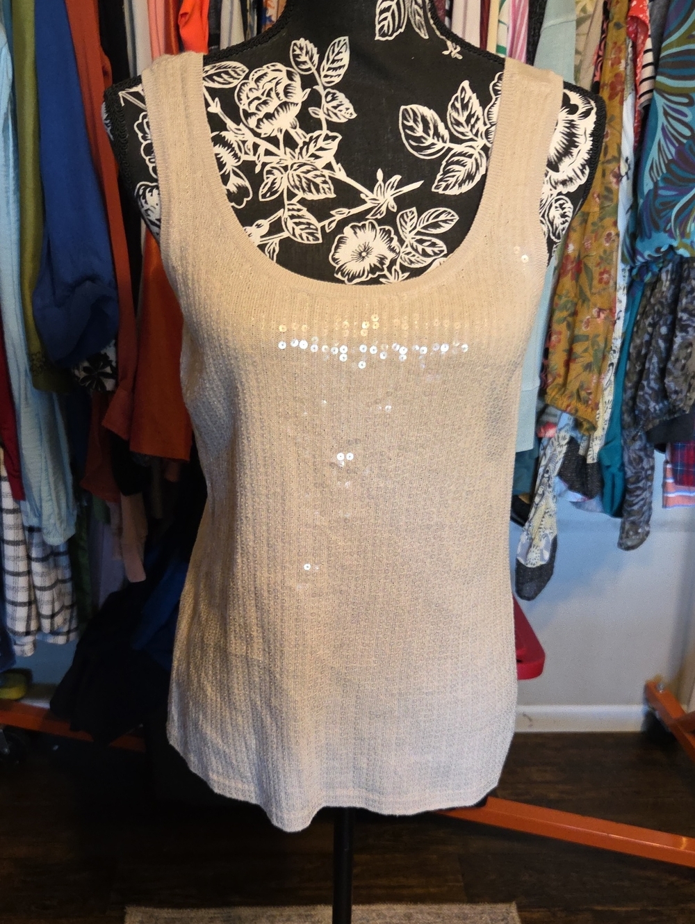 LOFT Sequin Scoop Neck Tank — Cream